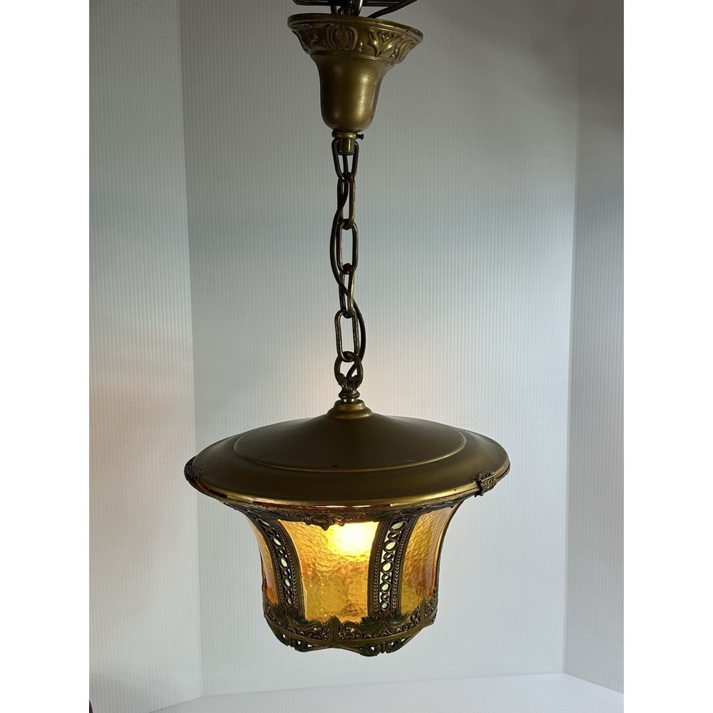 VTG Mid Century Mod Art Deco Stained Glass Hanging Ceiling Chandelier Lamp Light